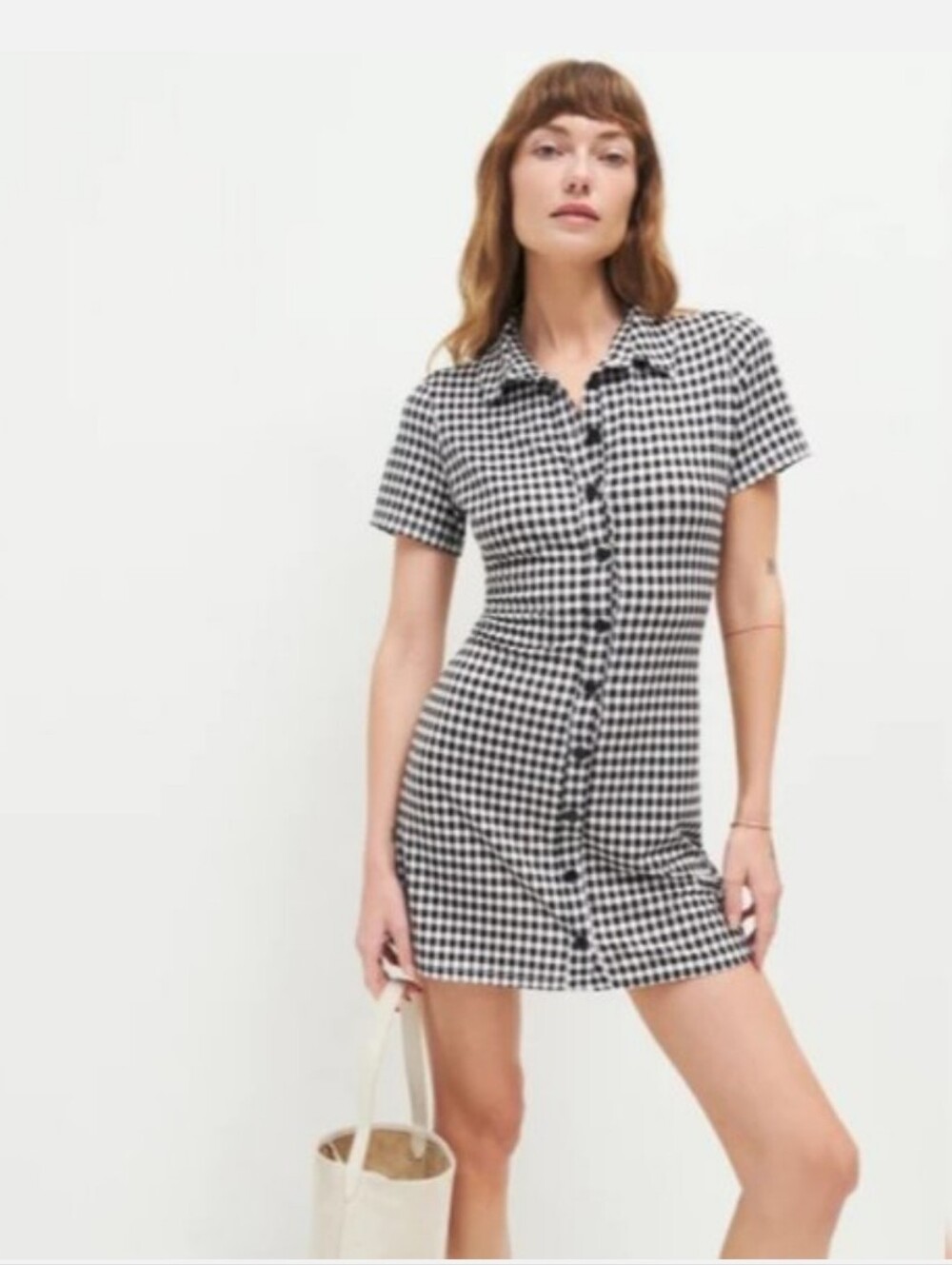 Reformation Avely Knit Dress April Checker Black White Short Sleeve Mini Size M